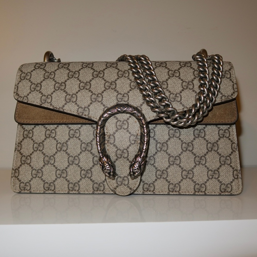 Gucci Beige and Tan Shoulder Bag with Silver Chain